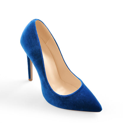 Pointed Toe Stiletto Slip-On Blue Velvet Pumps - Onlymaker