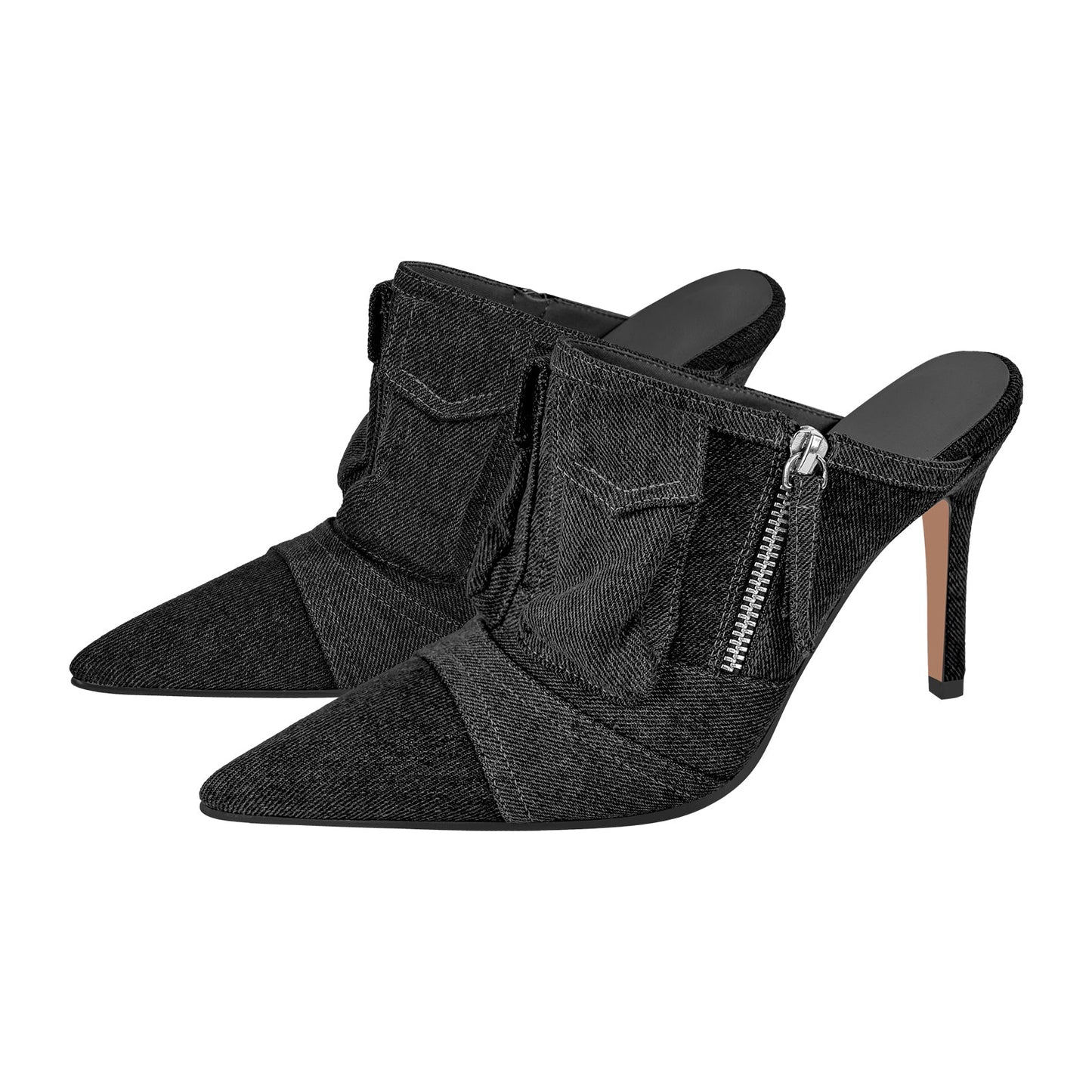 Denim Pointed Toe Stiletto Mules Pumps - Onlymaker