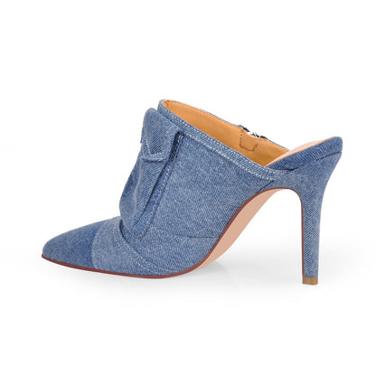 Denim Pointed Toe Stiletto Mules Pumps - Onlymaker