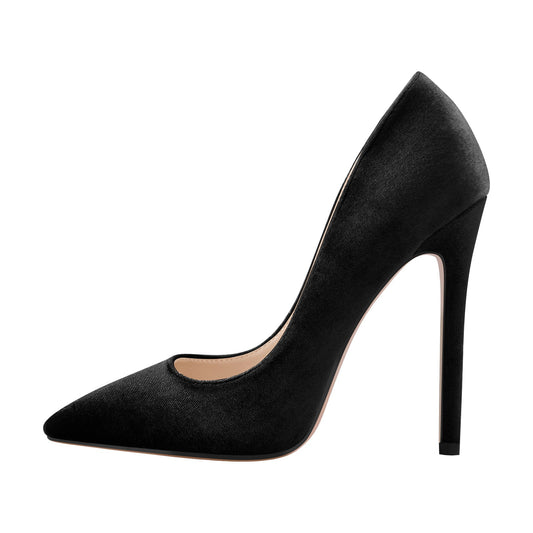Pointed Toe Stiletto Slip-On Black Velvet Pumps - Onlymaker