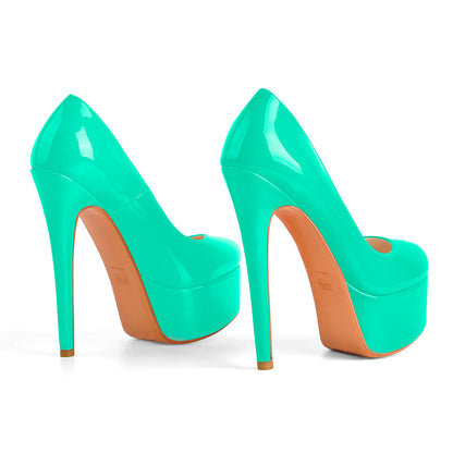Patent Leather Rounde Toe Platform Green Stiletto High Heels Pumps - Onlymaker