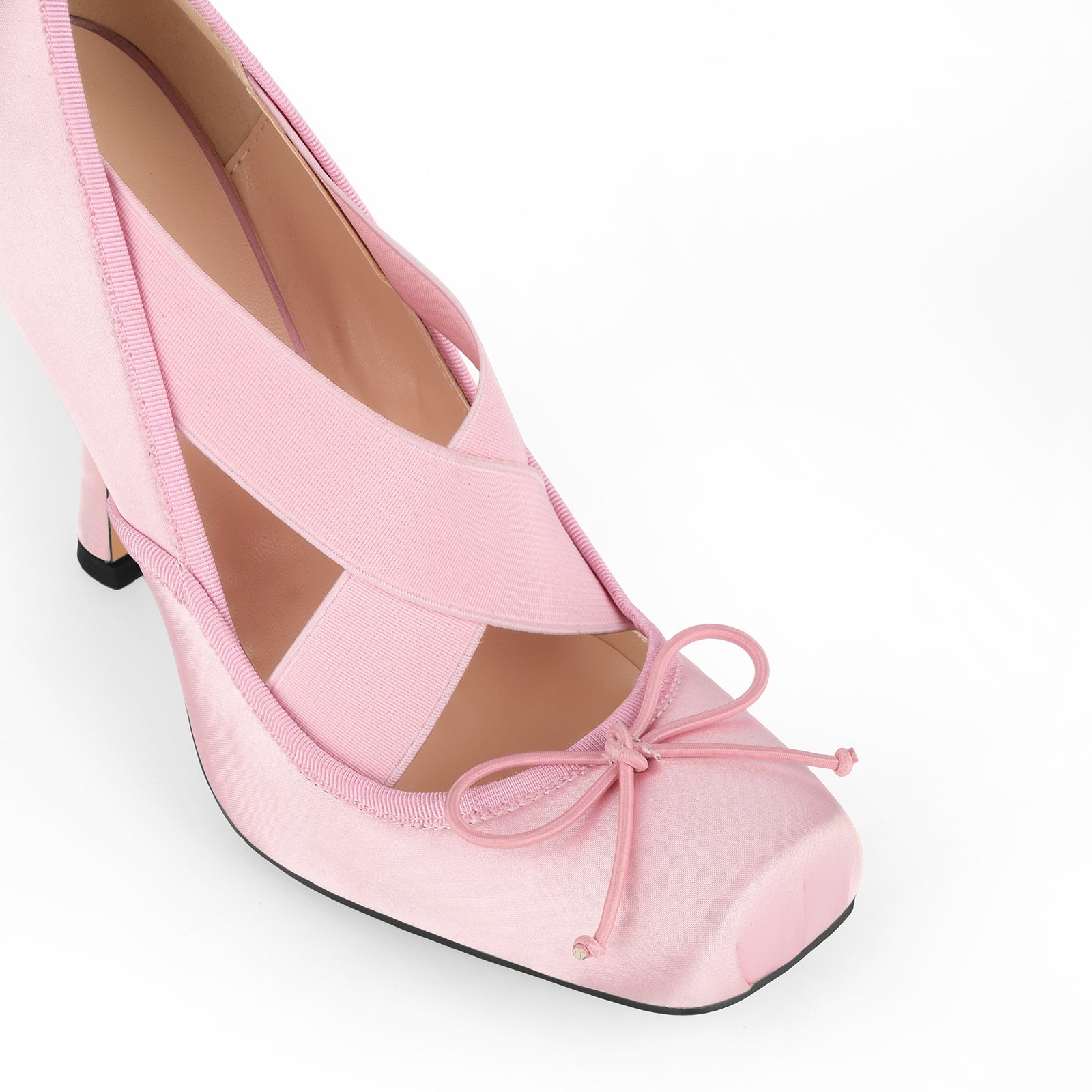 Square Toe Satin Bow Ballet Cross Strap Pumps - Onlymaker