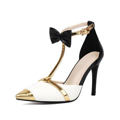 Pointed Toe Bow Ankle T-Strap High Heels - Onlymaker