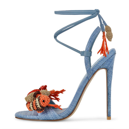 Round Toe Woven Embellished Ankle Strap Sandals - Onlymaker