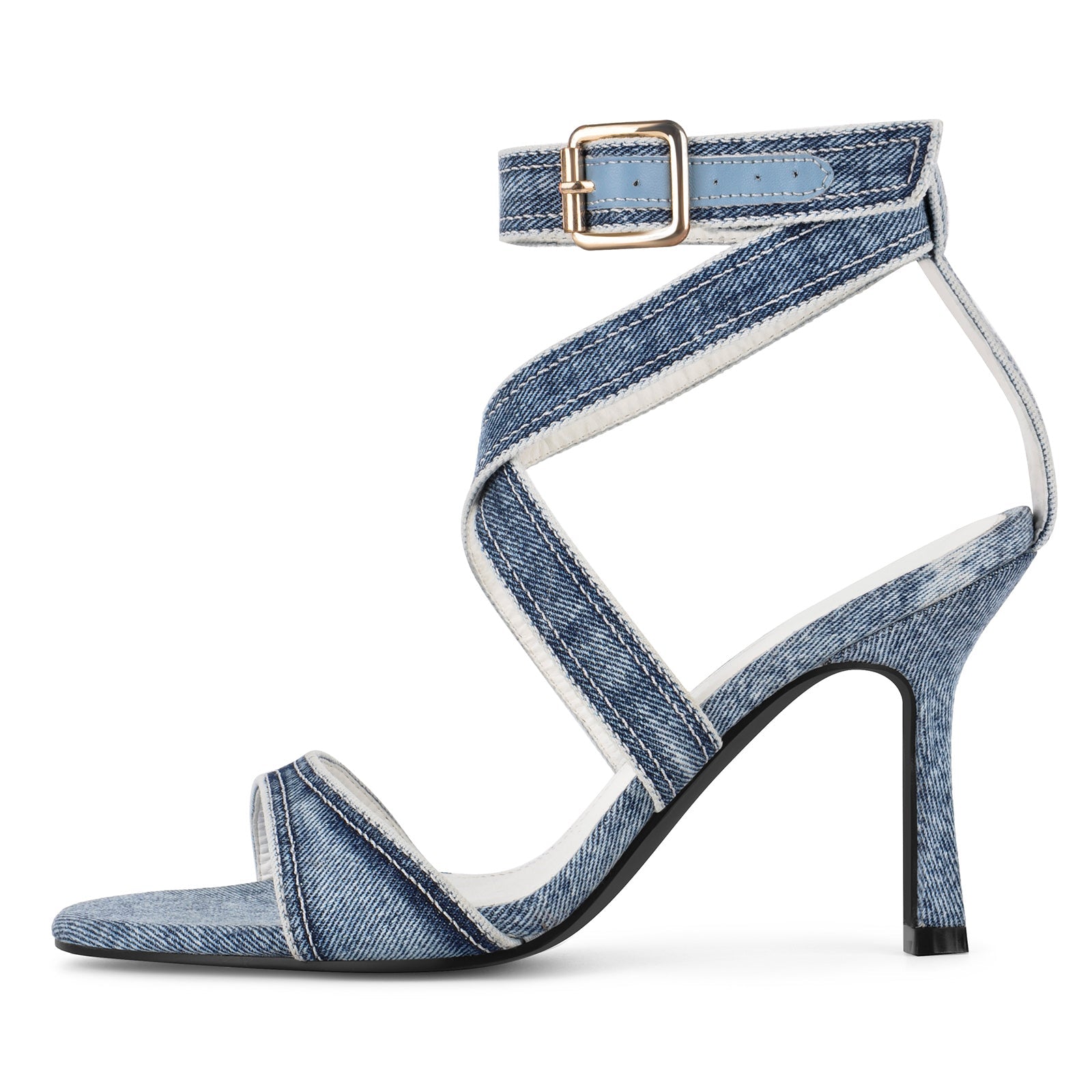 Round Toe Denim Cross Ankle Strap Sandals - Onlymaker