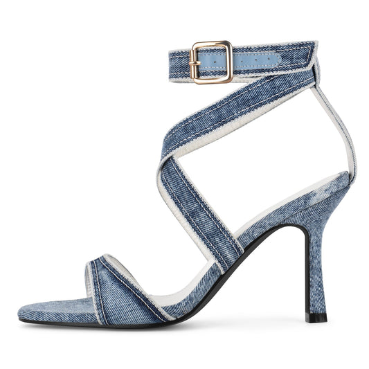 Round Toe Denim Cross Ankle Strap Sandals - Onlymaker