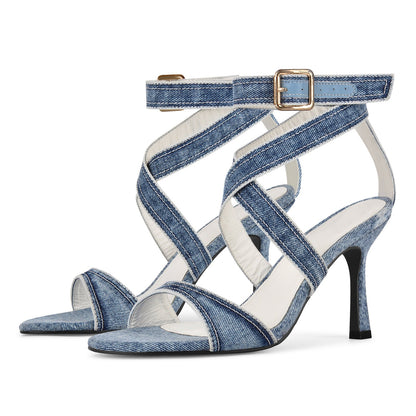 Round Toe Denim Cross Ankle Strap Sandals - Onlymaker