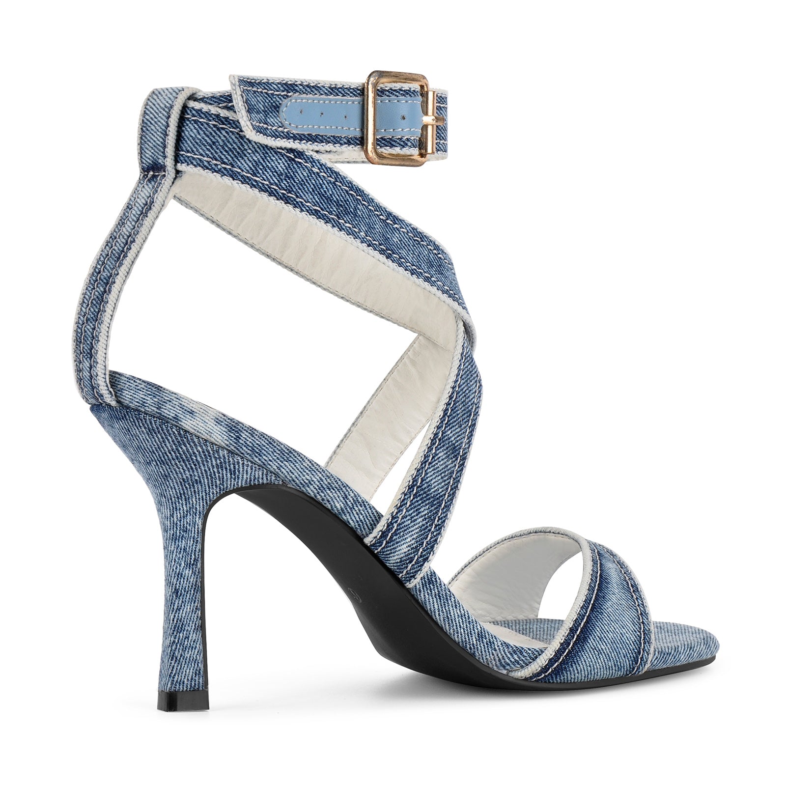Round Toe Denim Cross Ankle Strap Sandals - Onlymaker