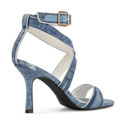 Round Toe Denim Cross Ankle Strap Sandals - Onlymaker