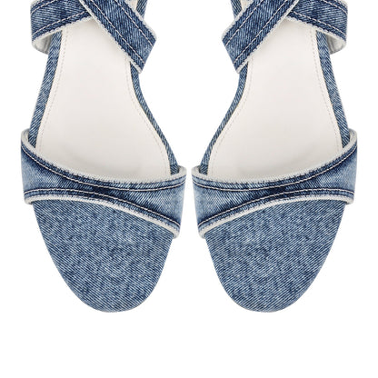 Round Toe Denim Cross Ankle Strap Sandals - Onlymaker
