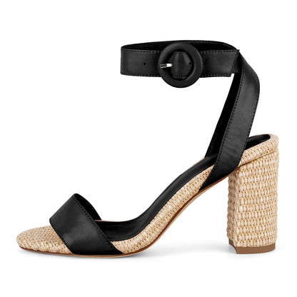 Straw Ankle Strap Chunky Heel Sandals - Onlymaker