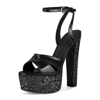 Glitter Platform Ankle Strap Chunky Heel Sandals - Onlymaker