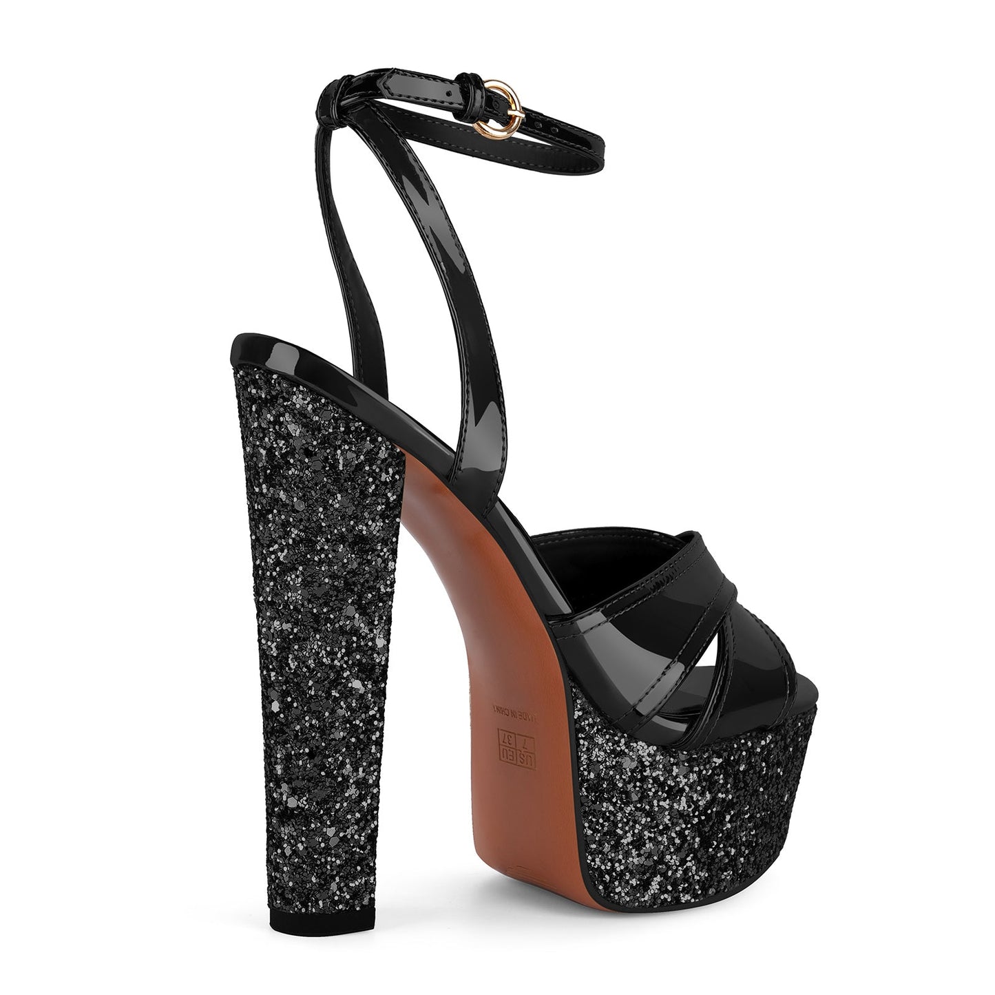 Glitter Platform Ankle Strap Chunky Heel Sandals - Onlymaker