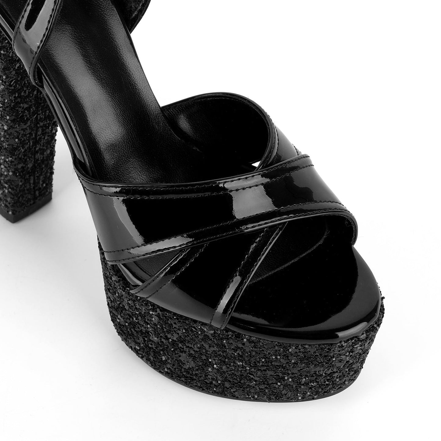 Glitter Platform Ankle Strap Chunky Heel Sandals - Onlymaker
