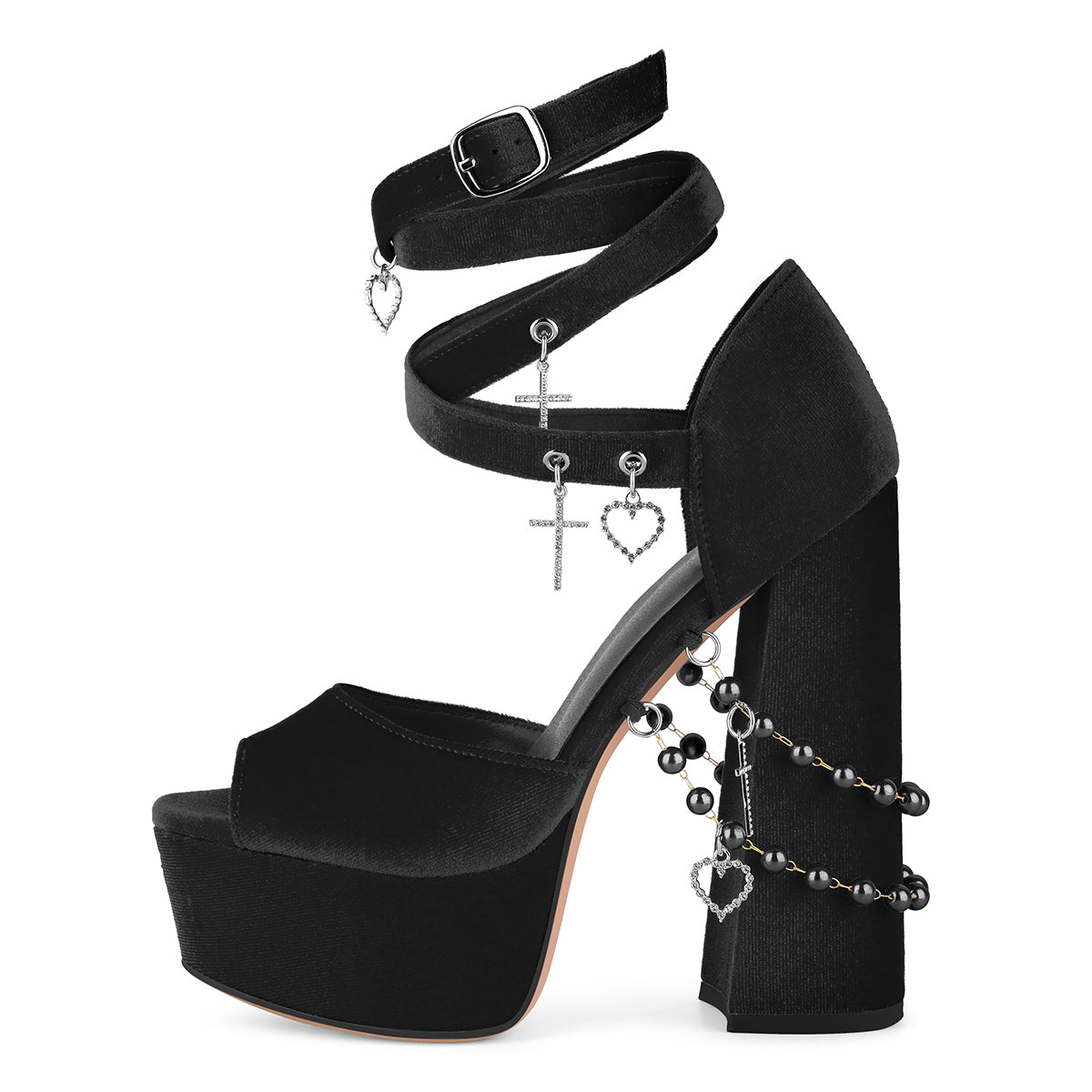 Pendant Platform Wrap Buckle Strap Velvet Sandals - Onlymaker