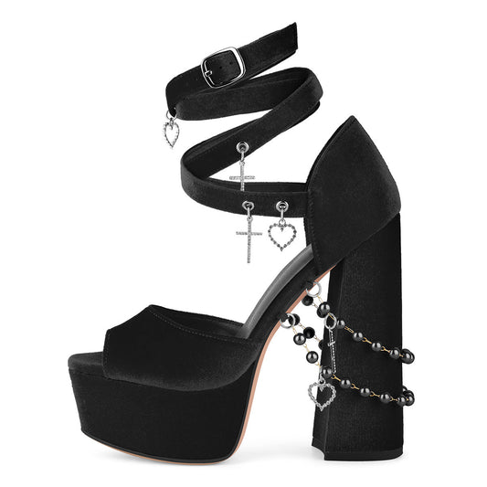 Pendant Platform Wrap Buckle Strap Velvet Sandals - Onlymaker