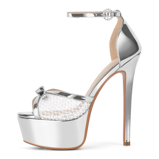 Mesh Platform Bow Ankle Strap Sandals - Onlymaker