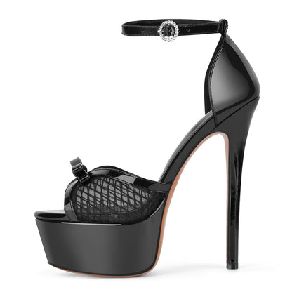 Mesh Platform Bow Ankle Strap Sandals - Onlymaker