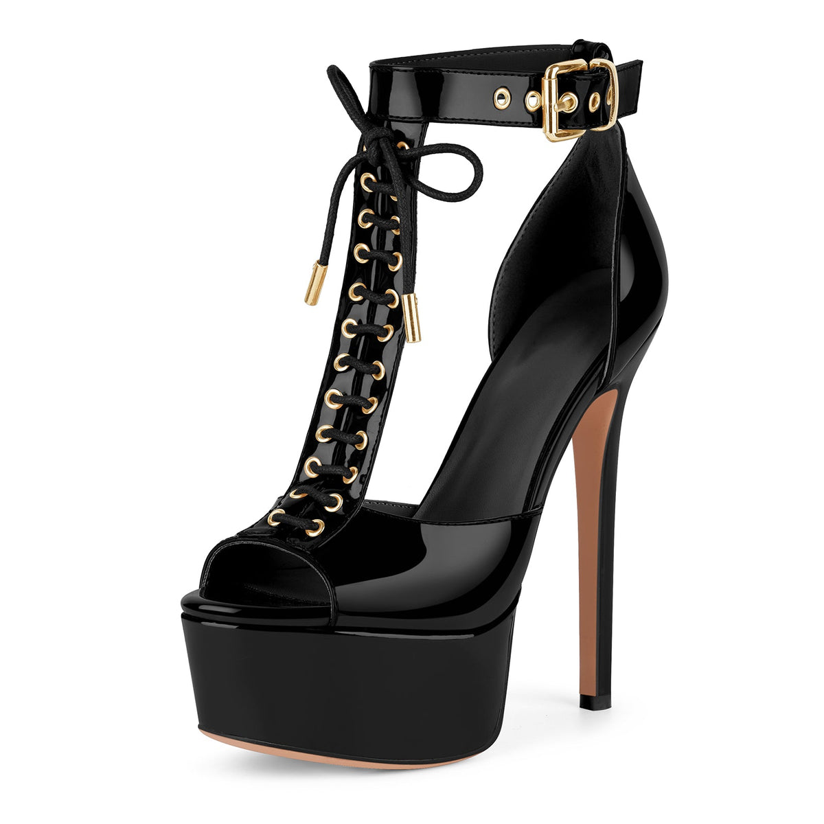 Platform Buckle T-Strap Lace-up Sandals - Onlymaker