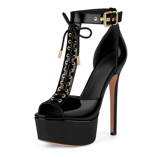 Platform Buckle T-Strap Lace-up Sandals - Onlymaker