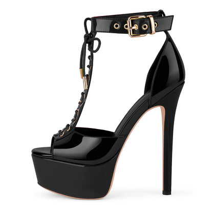Platform Buckle T-Strap Lace-up Sandals - Onlymaker
