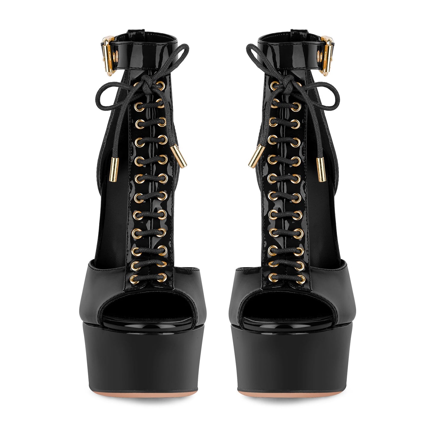 Platform Buckle T-Strap Lace-up Sandals - Onlymaker