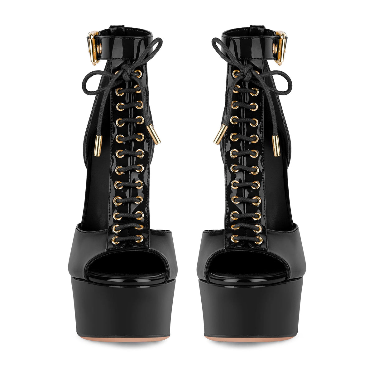 Platform Buckle T-Strap Lace-up Sandals - Onlymaker