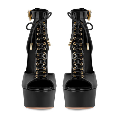 Platform Buckle T-Strap Lace-up Sandals - Onlymaker