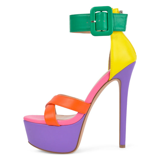 Multicolor Platform Ankle Strap Stiletto Sandals - Onlymaker