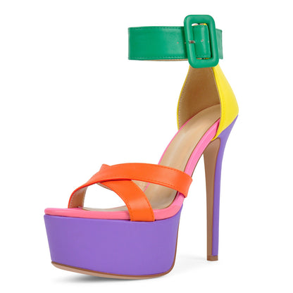 Multicolor Platform Ankle Strap Stiletto Sandals - Onlymaker