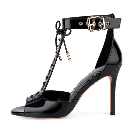 Buckle T-Strap Lace-up Patent Sandals - Onlymaker