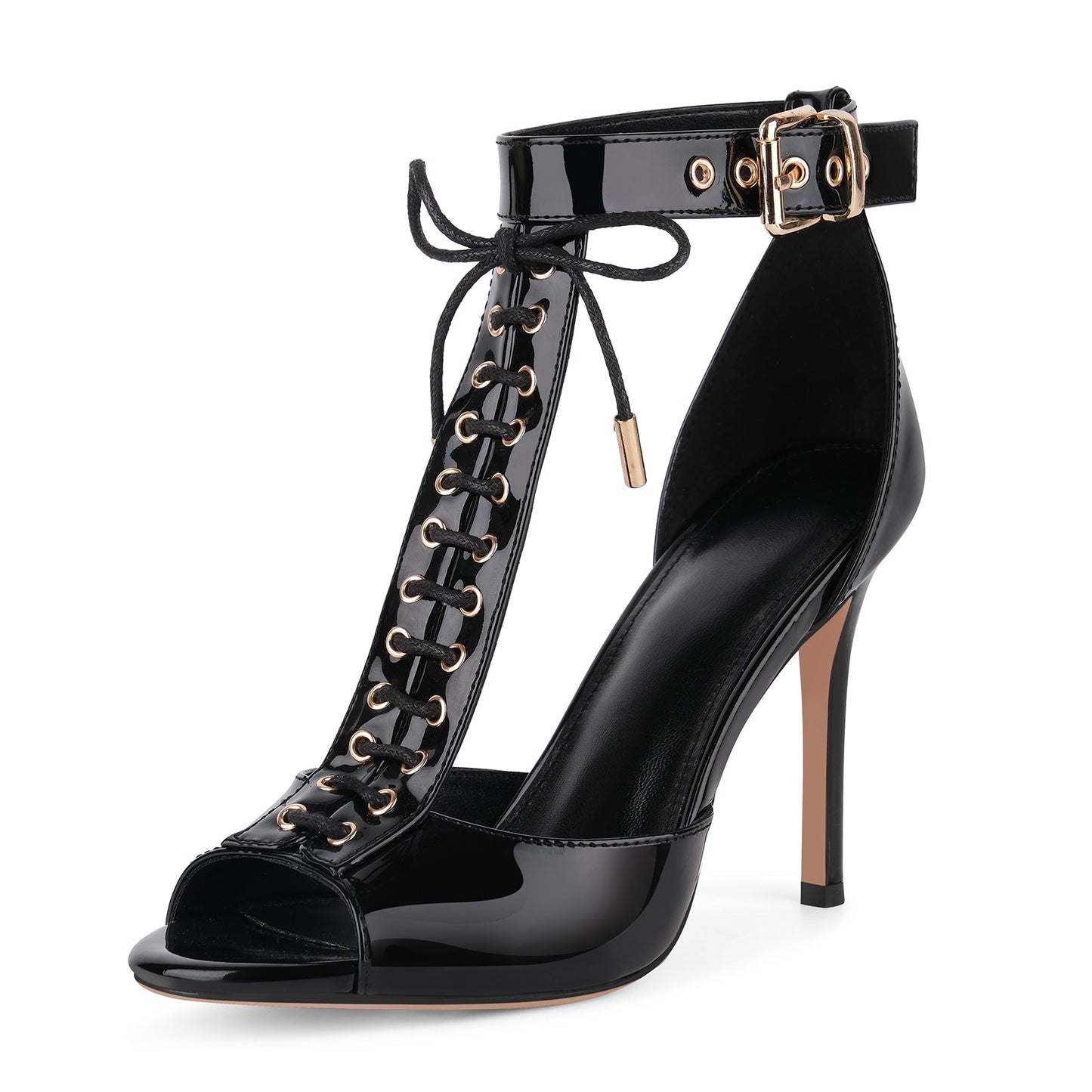 Buckle T-Strap Lace-up Patent Sandals - Onlymaker
