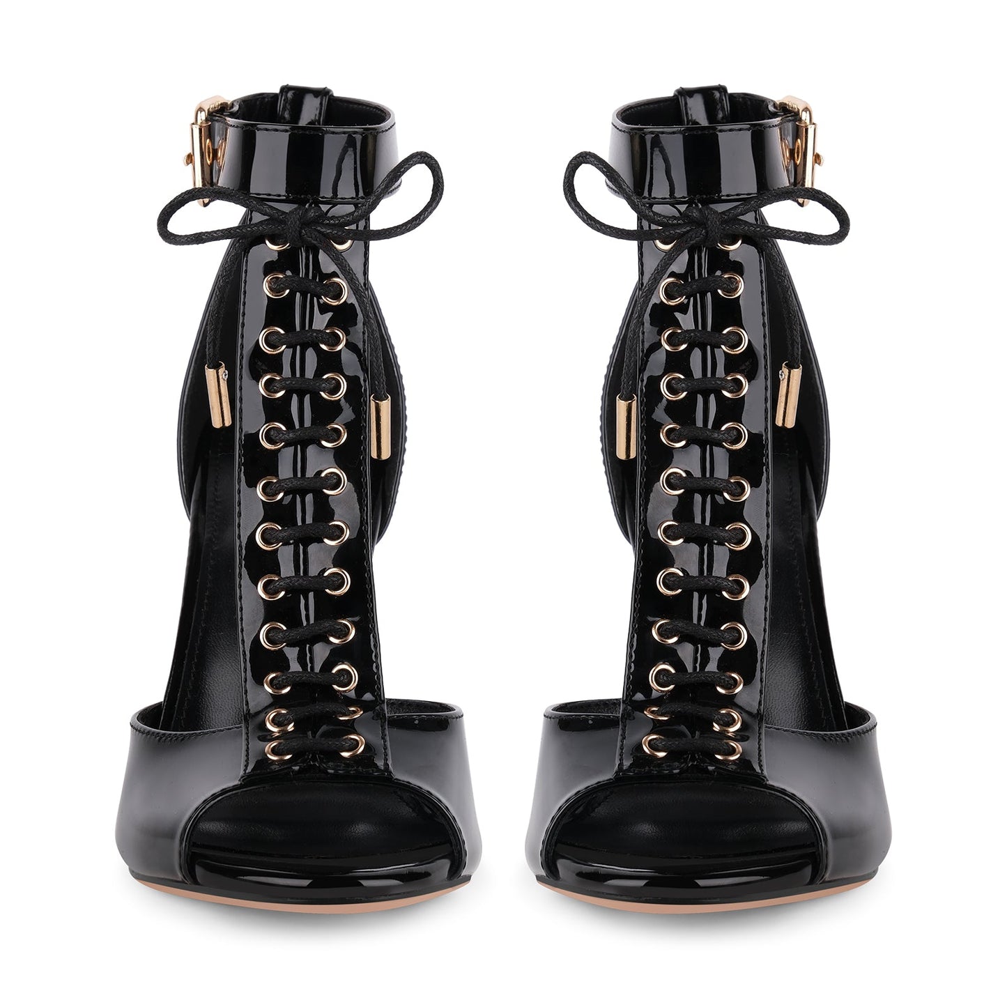Buckle T-Strap Lace-up Patent Sandals - Onlymaker