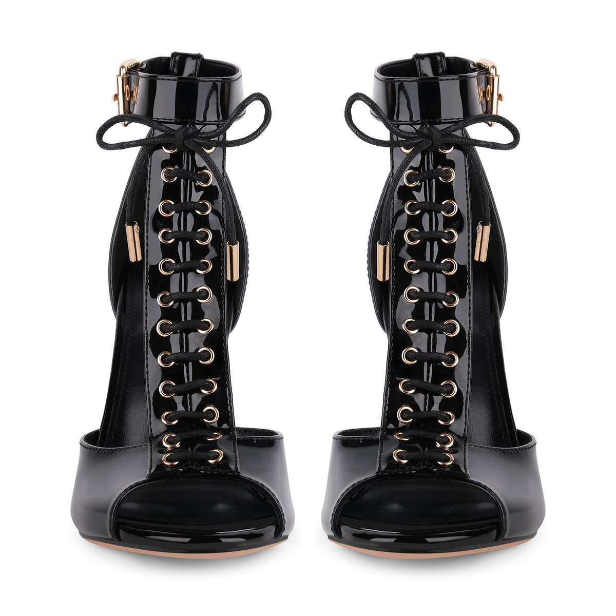Buckle T-Strap Lace-up Patent Sandals - Onlymaker