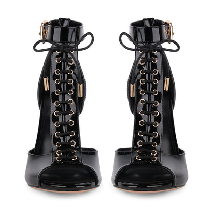 Buckle T-Strap Lace-up Patent Sandals - Onlymaker