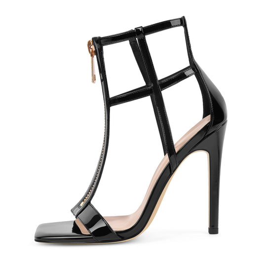 Square Toe T-Strap Zipper Patent Sandals - Onlymaker