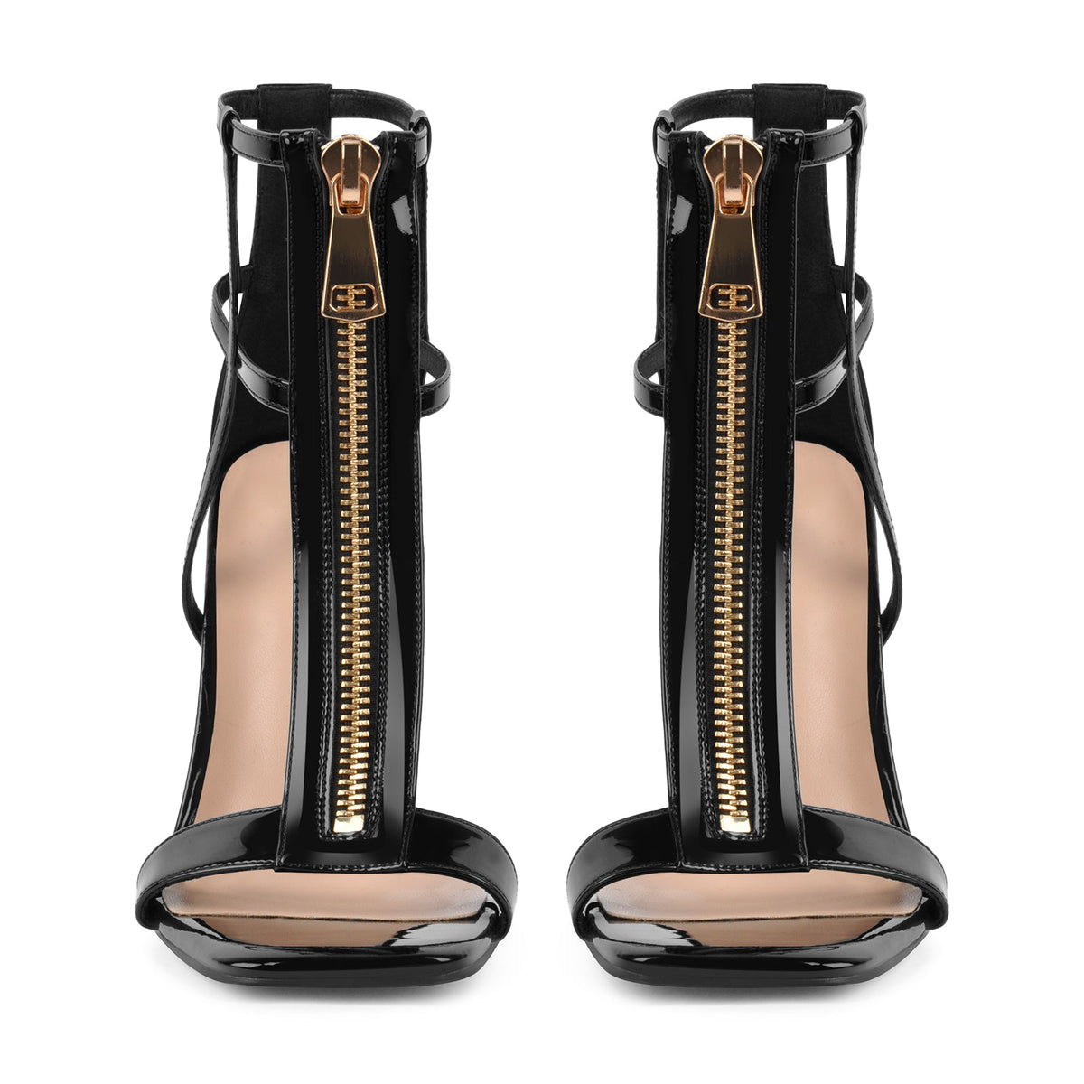 Square Toe T-Strap Zipper Patent Sandals - Onlymaker