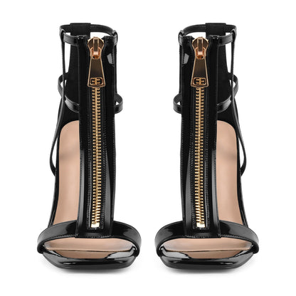 Square Toe T-Strap Zipper Patent Sandals - Onlymaker