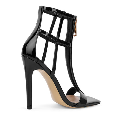 Square Toe T-Strap Zipper Patent Sandals - Onlymaker