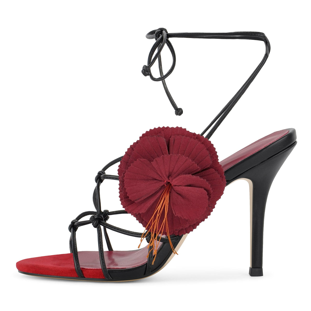 Red Flower Applique Ankle Strap Sandals - Onlymaker