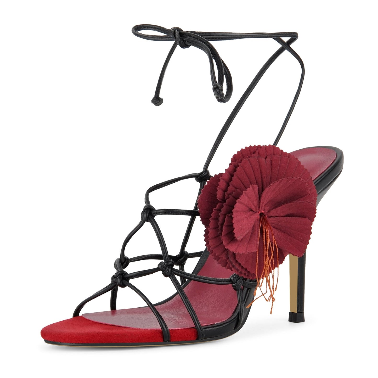Red Flower Applique Ankle Strap Sandals - Onlymaker