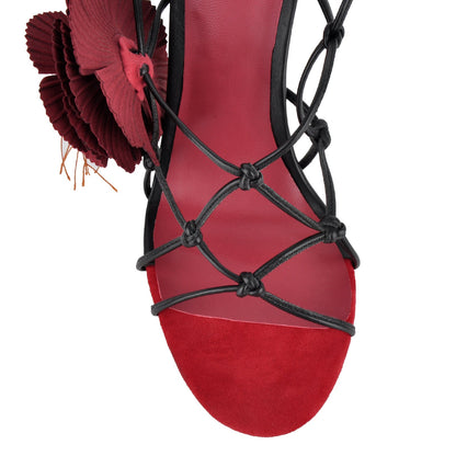 Red Flower Applique Ankle Strap Sandals - Onlymaker