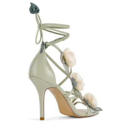 Round Toe Organza Flower Wrap Lace-up Sandals - Onlymaker