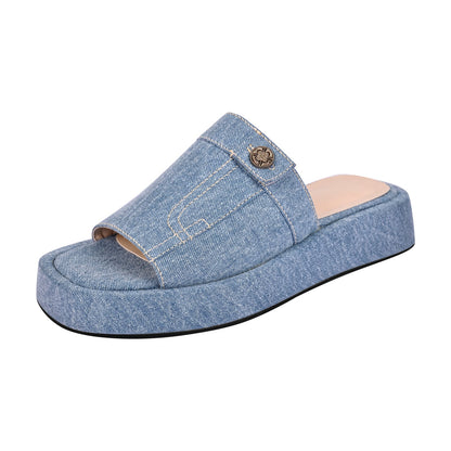 Denim Platform Square Toe Flats Slippers - Onlymaker