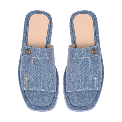 Denim Platform Square Toe Flats Slippers - Onlymaker