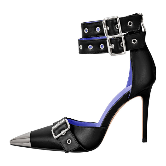 Pointed Metal Toe Stiletto Double Ankle Strap Denim Pumps - Onlymaker