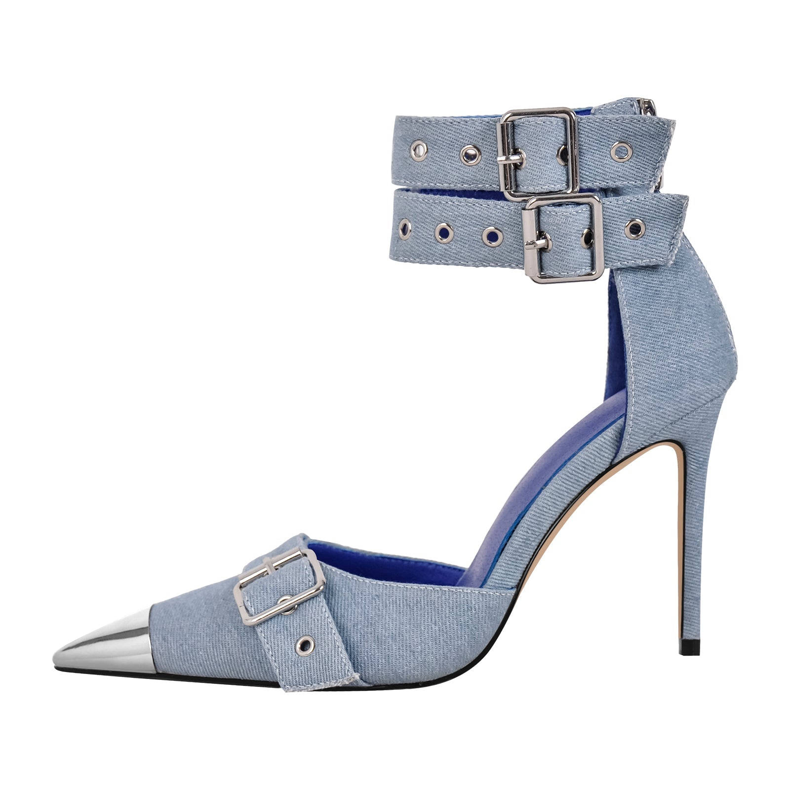 Pointed Metal Toe Stiletto Double Ankle Strap Denim Pumps - Onlymaker