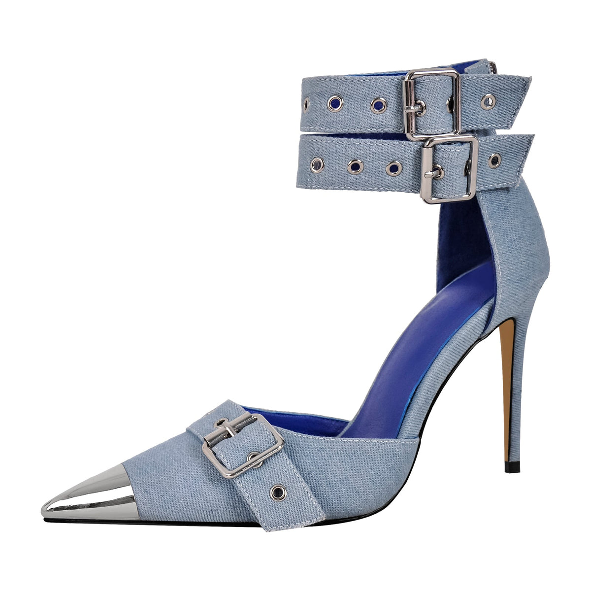 Pointed Metal Toe Stiletto Double Ankle Strap Denim Pumps - Onlymaker