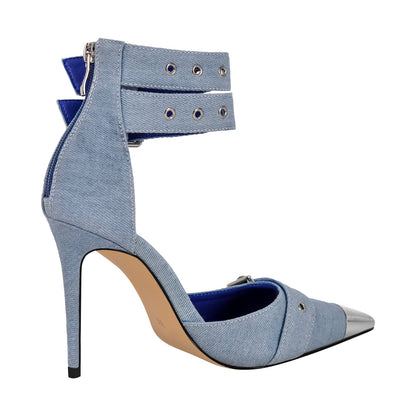Pointed Metal Toe Stiletto Double Ankle Strap Denim Pumps - Onlymaker