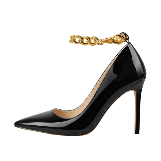 Patent Leather Ankle Chains Pointed Toe Pumps - Onlymaker